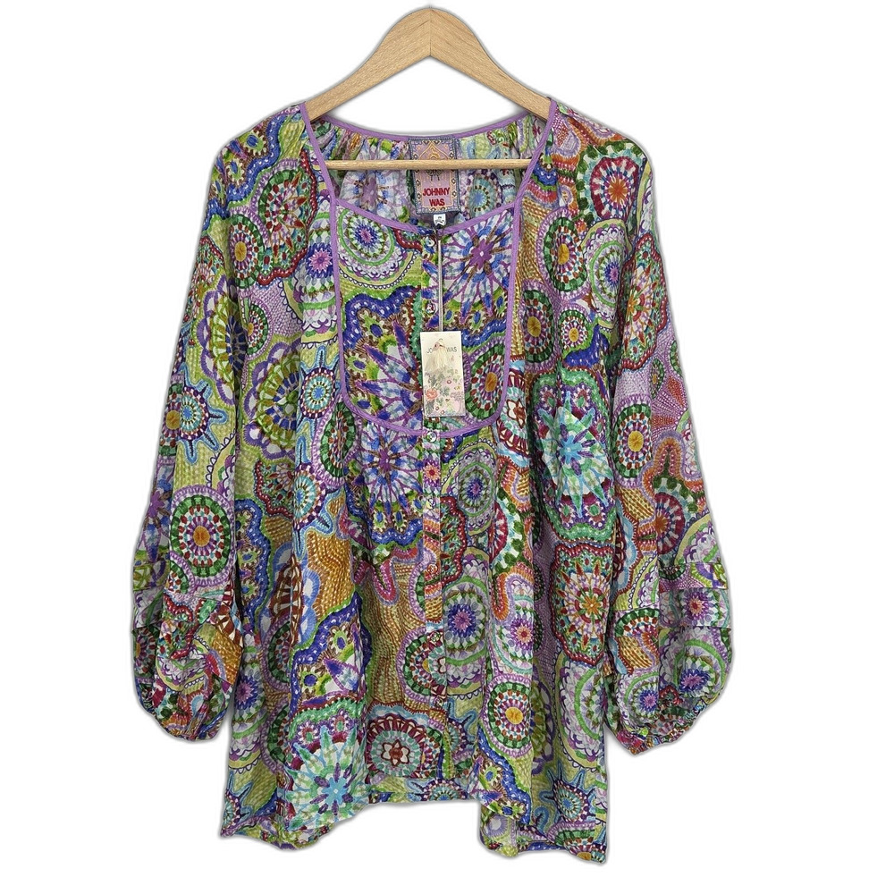 New Johnny Was Jannika Button Shirt Blouse 100% Silk Size 2X Plus Colorful - Picture 2 of 5